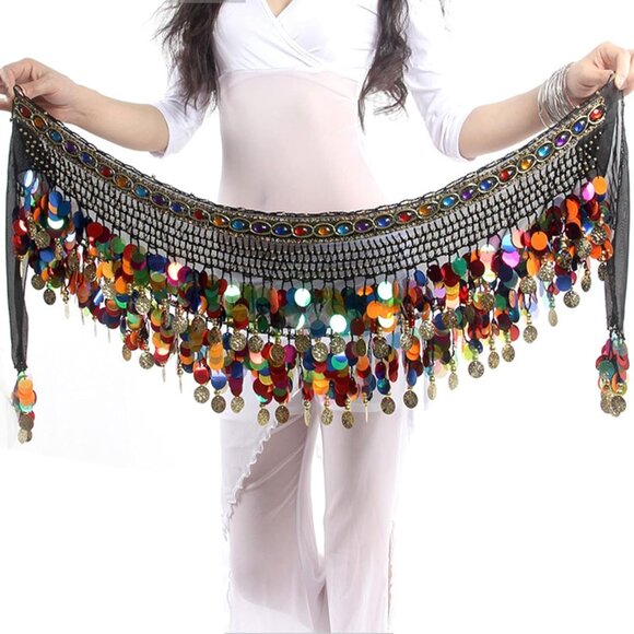 Women Black&Colorful Coins Hip Scarf Skirt Wrap Performance Belly Dance Costume - Picture 1 of 4